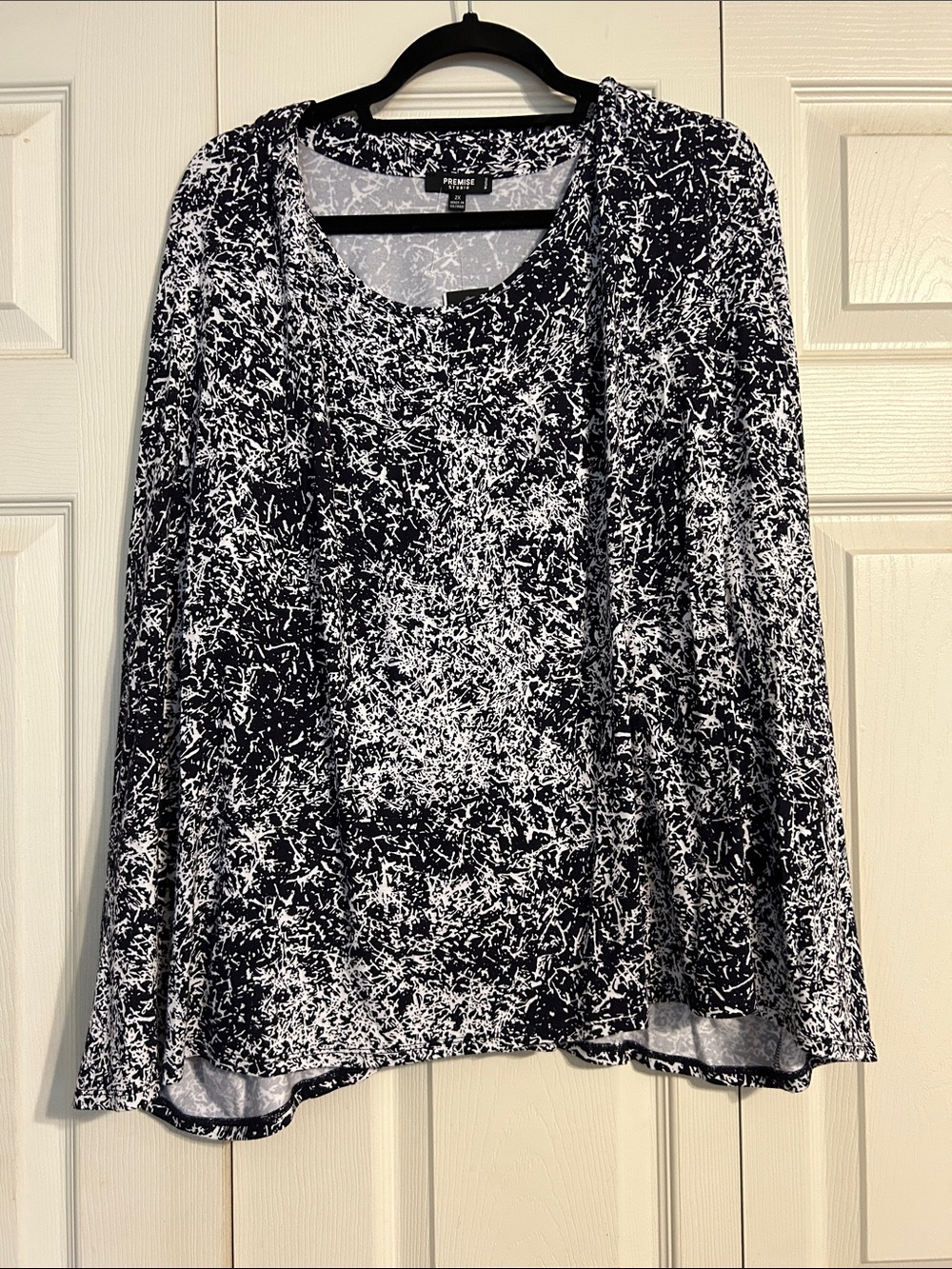 Premise Black White Abstract Splatter 3/4 Sleeve Tee NWT 2X Ruched Draped